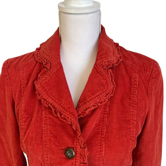 Sandro Corduroy Jacket Women's Size Small Orange Rust Cropped Ruffle Trim Button - Picture 2 of 6
